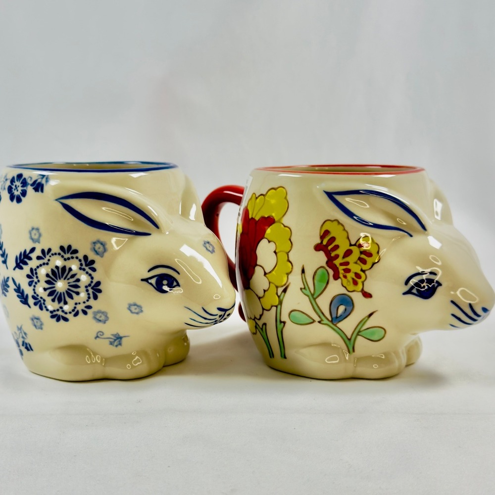 Large Rabbit Mugs 2 Floral 3D Handpainted Miyabi Yokohama New w/ Tags CUTE UNIQ